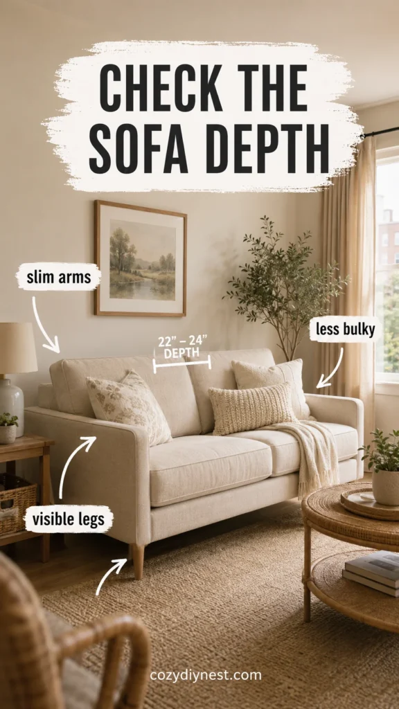 Your Small Living Room Feels Crowded? 7 Small Living Room Furniture Ideas That Make It Feel Bigger 2 small living room furniture ideas with compact sofa visible legs and slim arms