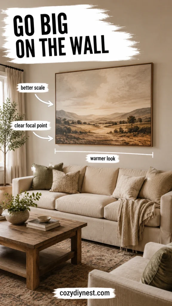 oversized artwork above a sofa as one of the best living room wall decor ideas for a blank wall