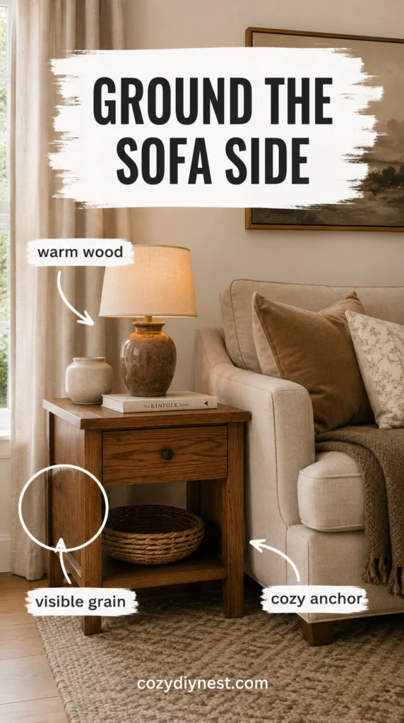 warm wood side table grounding a beige sofa in a cozy living room