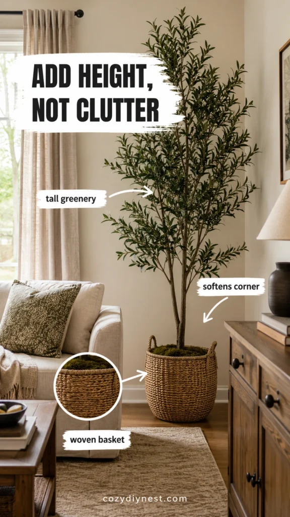 tall faux olive tree in woven basket filling an empty living room corner with cozy height and texture