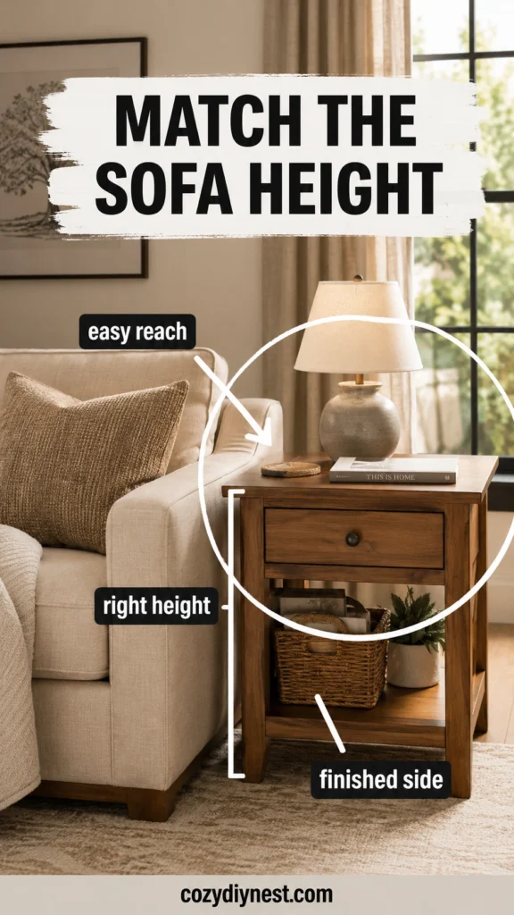 side table height matched to sofa arm for cozy living room side table decor