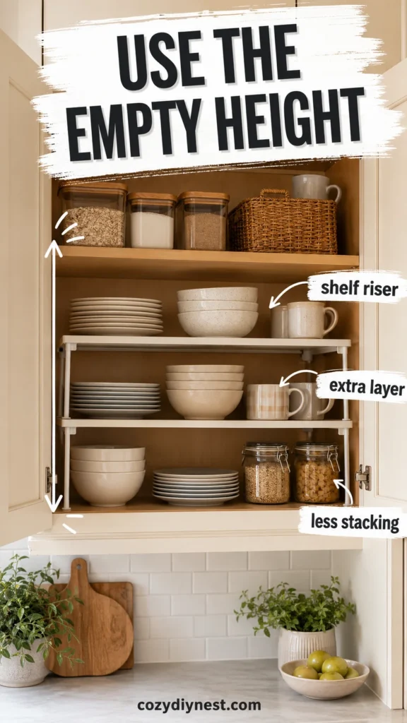kitchen cabinet organization ideas using shelf risers to create extra layers for plates bowls and mugs