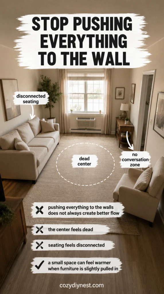 small living room furniture pushed against walls creating a disconnected layout and dead center