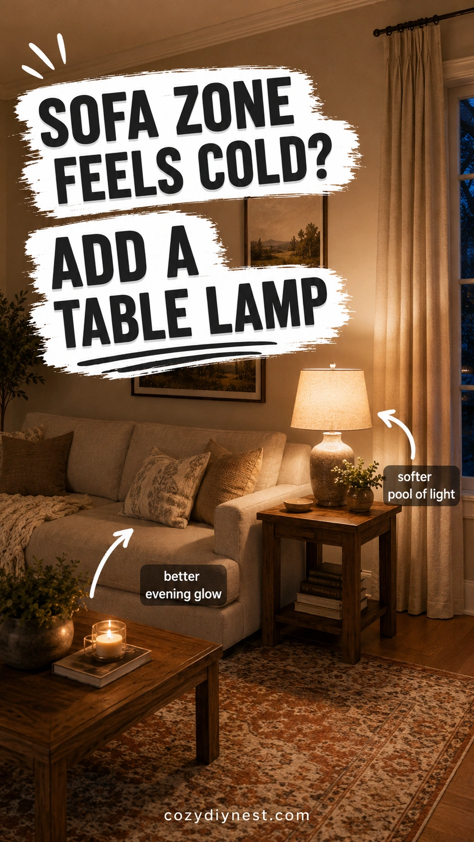 layered lighting living room with a warm table lamp beside the sofa