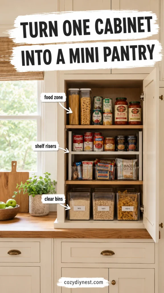 small kitchen no pantry ideas turning one cabinet into a mini pantry with bins and shelf risers