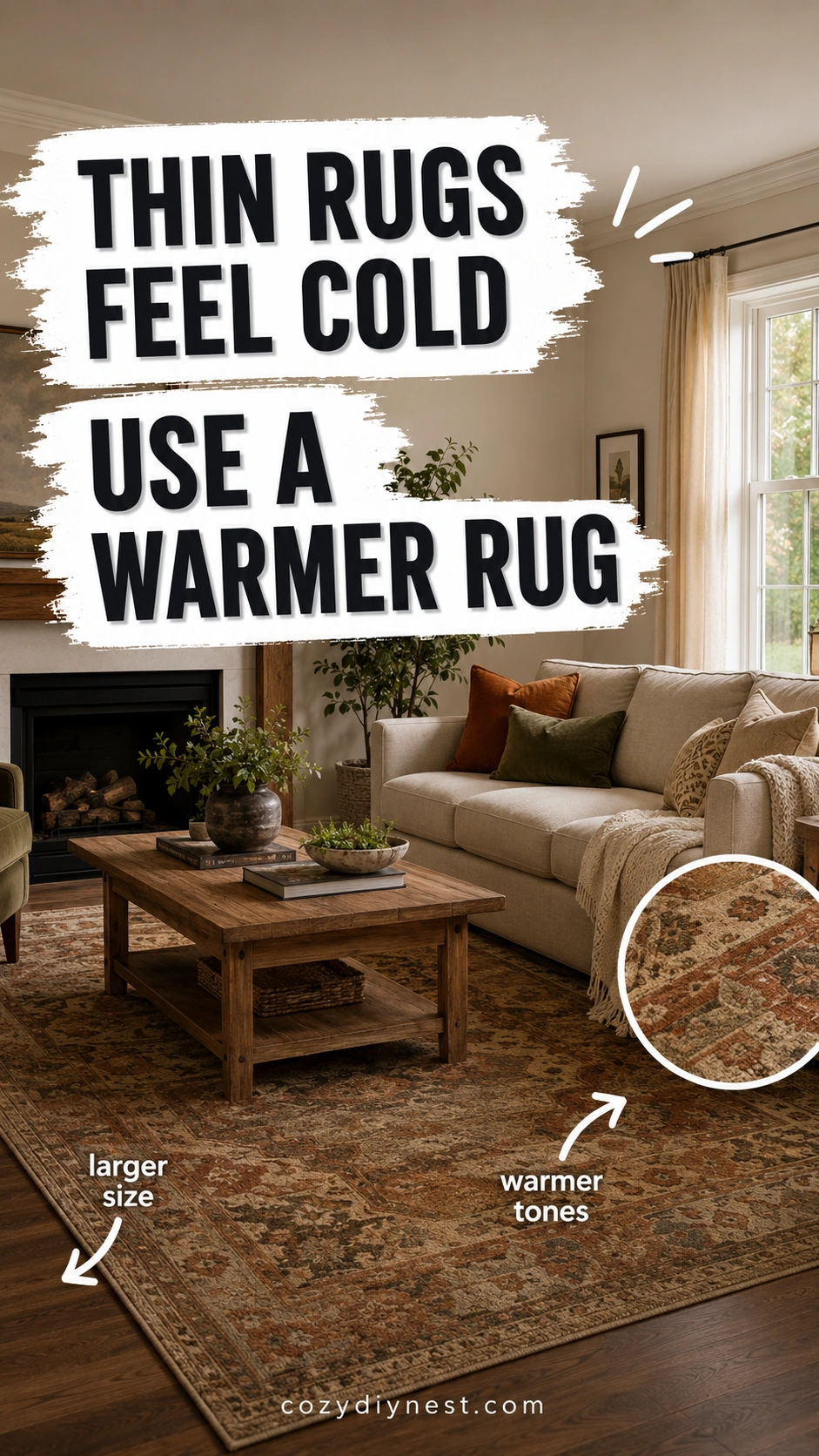 how to make a living room feel cozy with a warmer larger rug