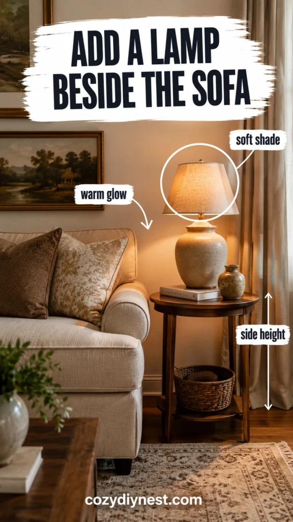 warm table lamp beside sofa adding cozy glow to living room side table decor