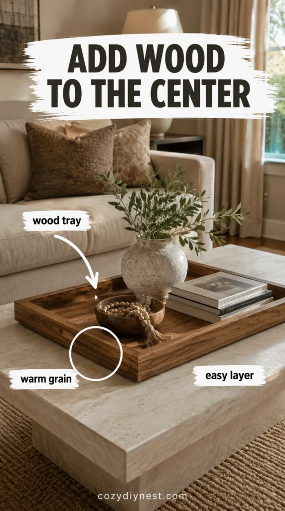 wood tray and wood bowl adding warmth to coffee table decor in a cozy living room
