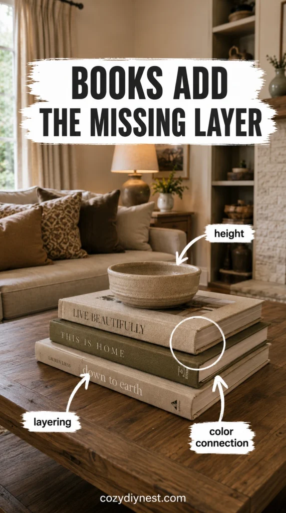 coffee table books adding height and warmth to a cozy living room coffee table