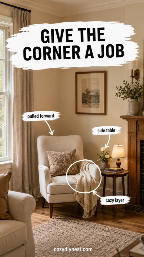 cozy reading corner in living room with accent chair side table throw blanket and warm wall art