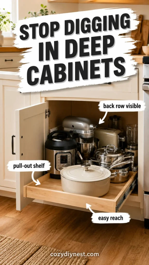 kitchen cabinet organization ideas using pull out cabinet shelves to make deep cabinets easier to reach