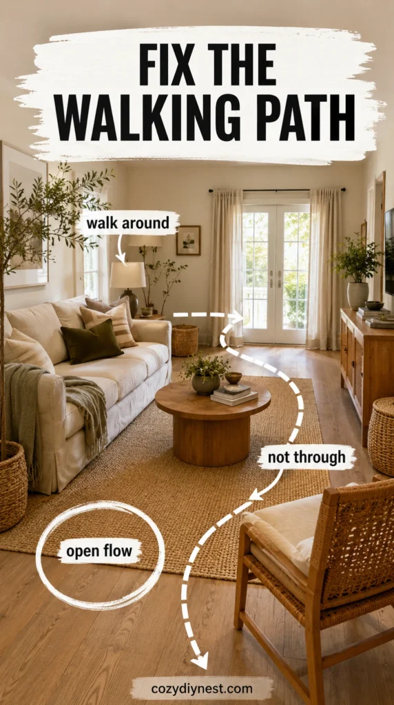small living room layout ideas with clear walking path around seating area