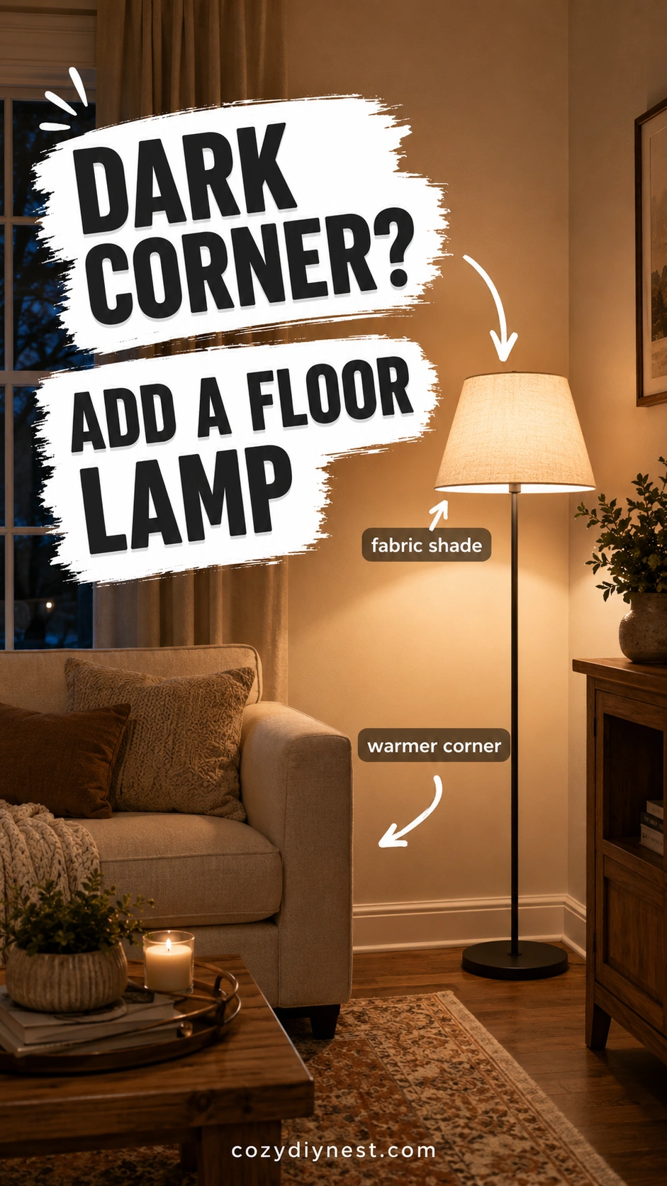 layered lighting living room with a warm floor lamp in a dark corner