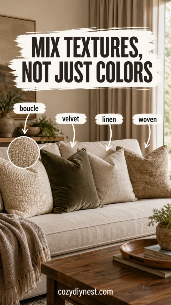 beige sofa with one rust throw pillow adding warmth to a neutral living room