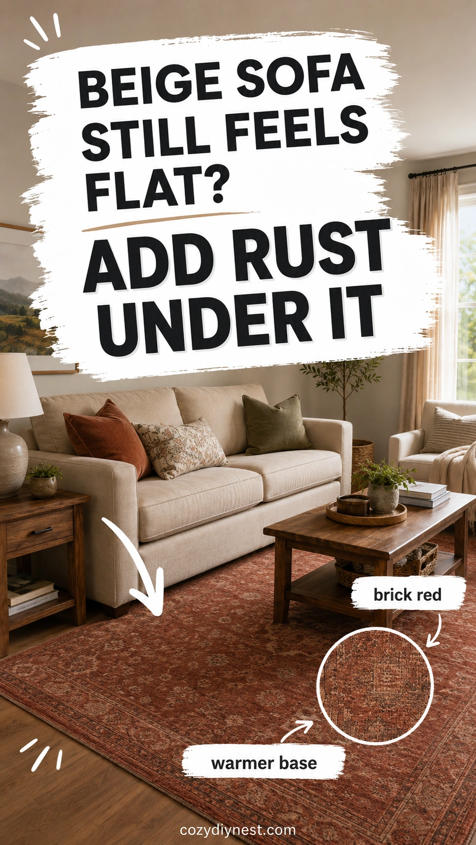 best rug color for living room with a beige sofa and rust rug
