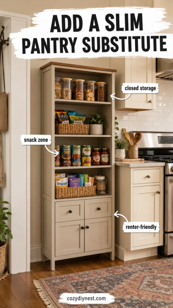 small kitchen no pantry ideas using a slim freestanding pantry cabinet or hutch for food storage
