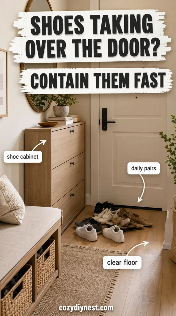 Your Small Entryway Looks Messy? 7 Genius Small Entryway Storage Ideas That Create a Real Drop Zone 3 small entryway storage ideas using a narrow shoe cabinet bench and baskets for shoes by the front door