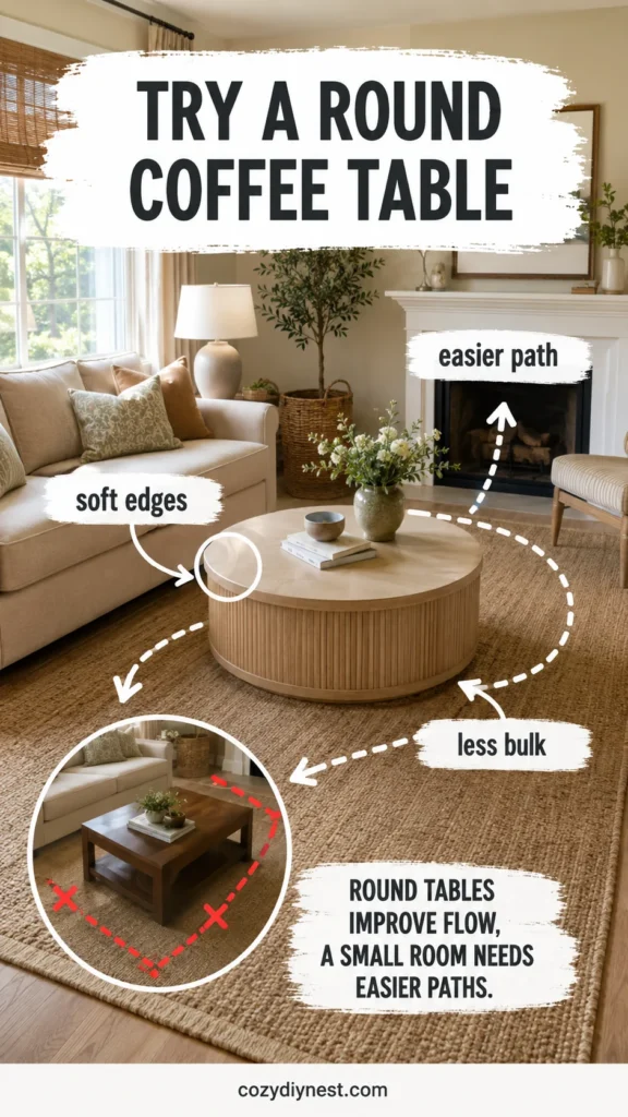 Your Small Living Room Feels Crowded? 7 Small Living Room Furniture Ideas That Make It Feel Bigger 3 round coffee table improving small living room furniture flow and making the room feel bigger