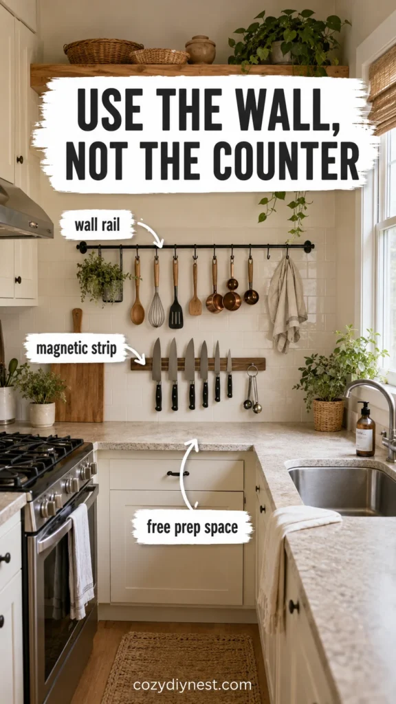 small kitchen organization ideas using wall rail magnetic strip and hooks to free counter space