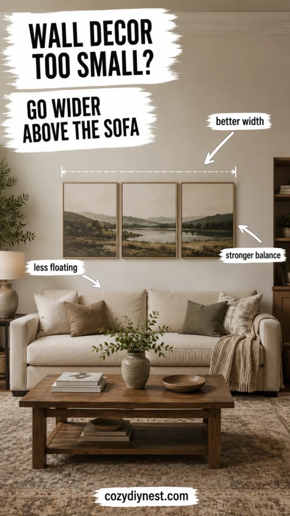 wall decor above couch with the right width for better proportion and a warmer living room