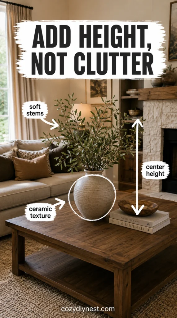 ceramic vase with soft greenery adding height to warm coffee table decor