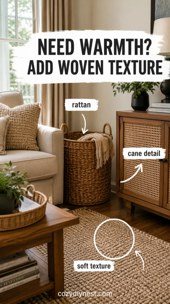 rattan basket and cane side table adding woven wood texture to a warm living room