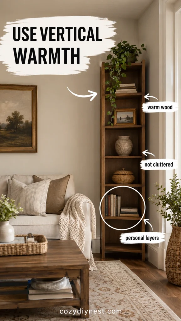 slim warm wood bookcase styled in a living room corner with books plant vase and basket
