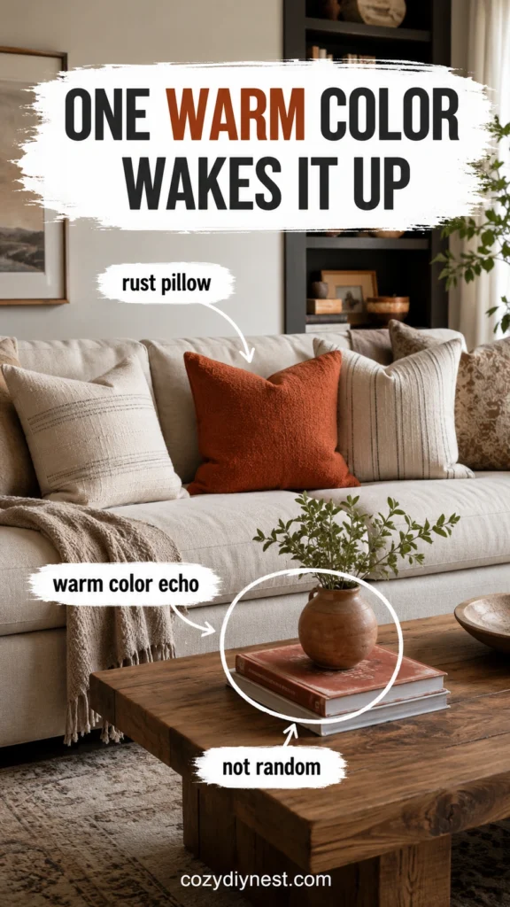 living room sofa with one patterned throw pillow breaking up a flat neutral couch