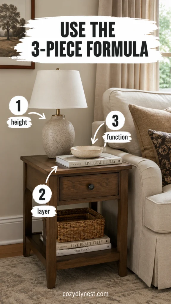 living room side table decor styled with lamp book and tray using a three piece formula
