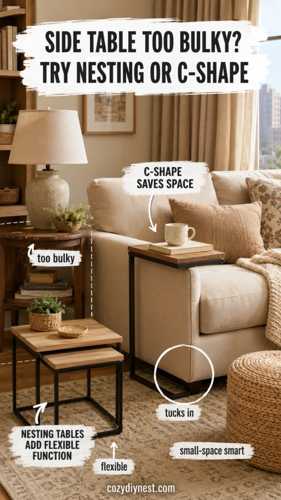 Your Small Living Room Feels Crowded? 7 Small Living Room Furniture Ideas That Make It Feel Bigger 4 small living room furniture ideas with nesting tables and C-shaped side table beside sofa