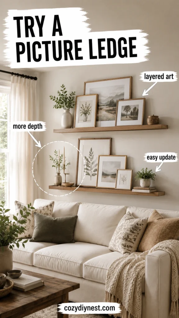 picture ledge styling with layered frames and decor as one of the best living room wall decor ideas