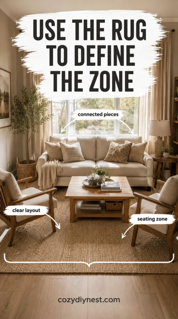 small living room rug defining a connected seating zone with sofa chairs and coffee table