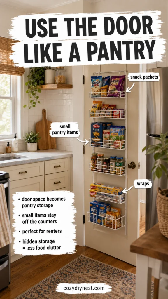 small kitchen no pantry ideas using over the door pantry organizer for snacks wraps and packets