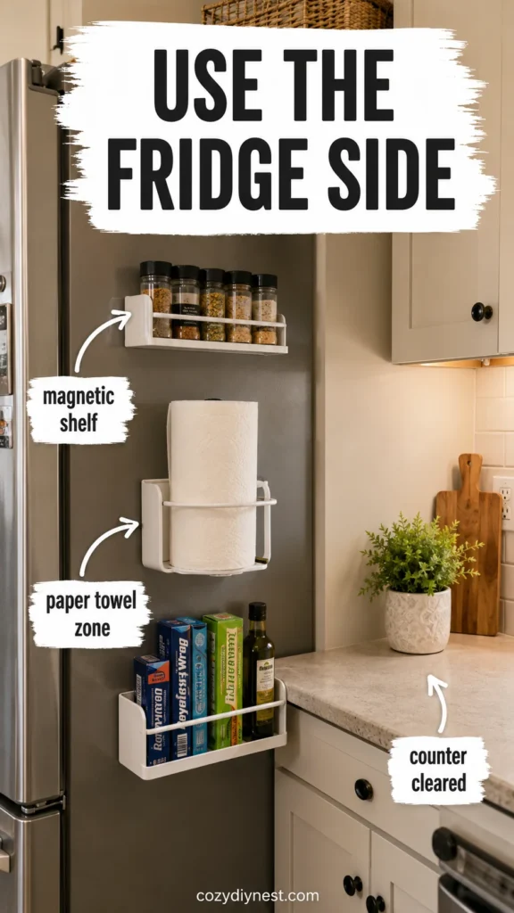 small kitchen organization ideas using magnetic fridge organizer to clear counter clutter