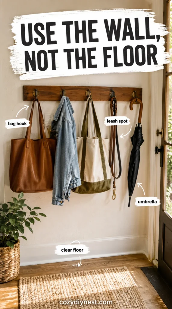 Your Small Entryway Looks Messy? 7 Genius Small Entryway Storage Ideas That Create a Real Drop Zone 4 small entryway storage ideas using wall hooks for bags leash jacket and umbrella in a small front entry
