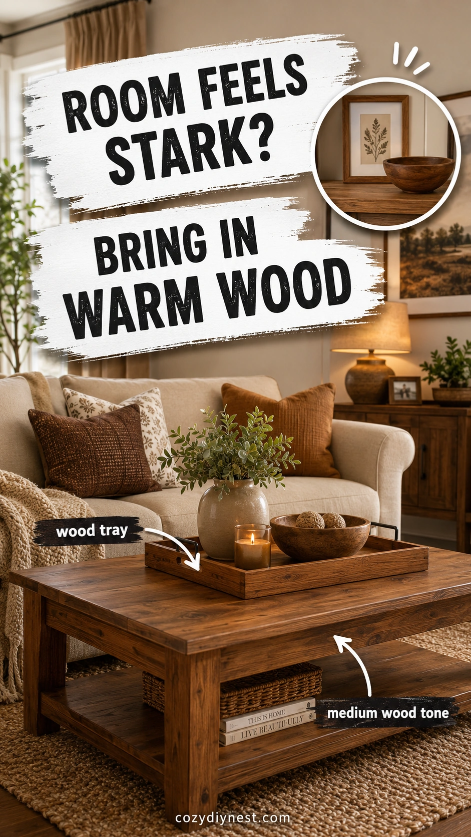 how to make a living room feel cozy with warm wood accents