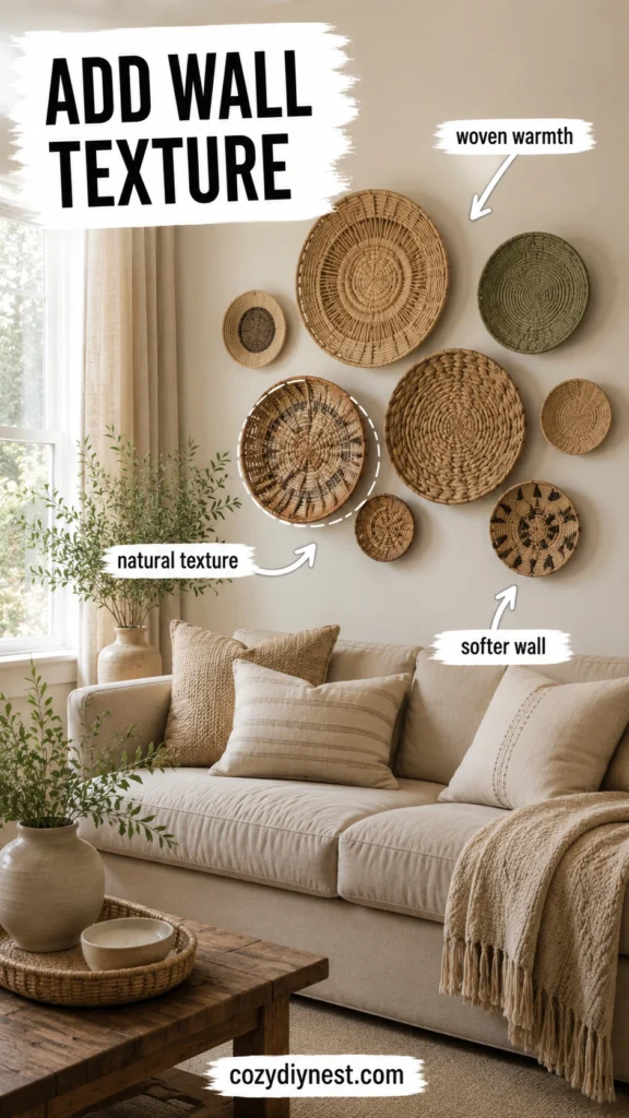 woven wall baskets and natural wall texture warming up a blank living room wall