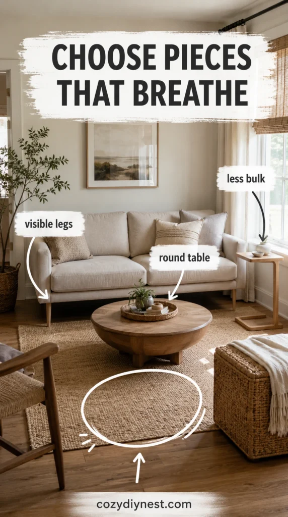 small living room with slim furniture visible legs and compact tables to improve layout flow