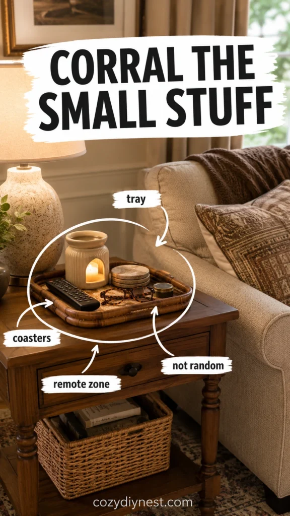 side table tray controlling remotes coasters and small items in cozy living room side table decor