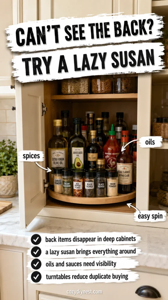 kitchen cabinet organization ideas using lazy Susan turntables for oils spices sauces and deep cabinet corners