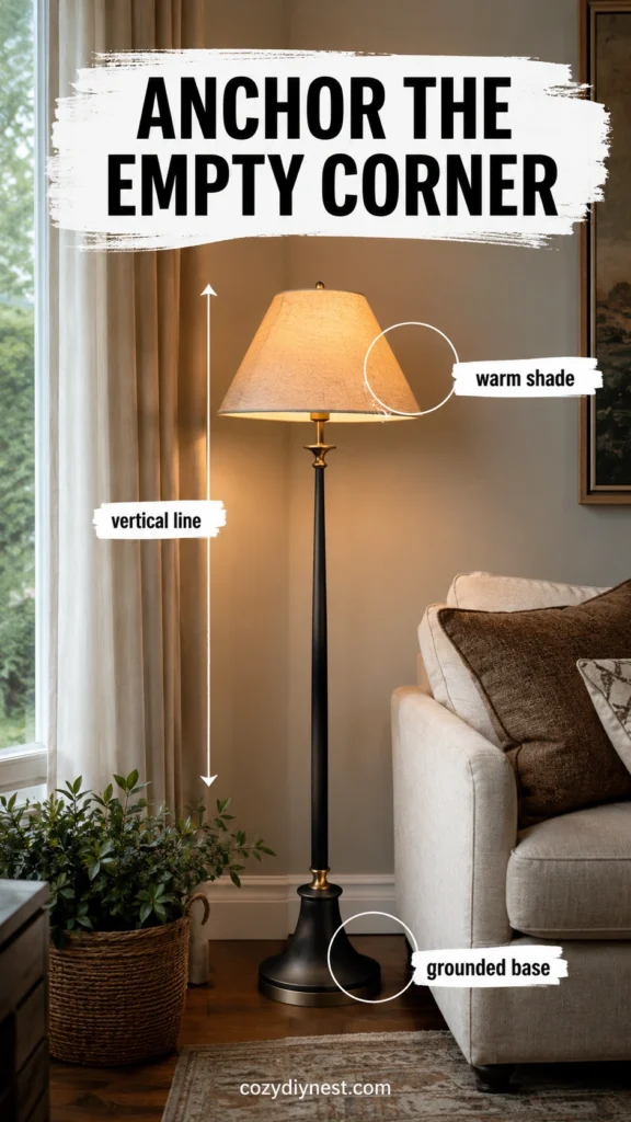 sculptural floor lamp anchoring an empty living room corner with warm shade and cozy texture