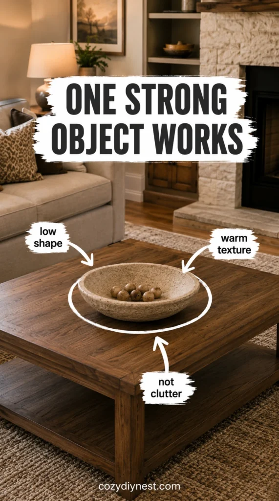 decorative bowl adding shape and texture to warm coffee table decor