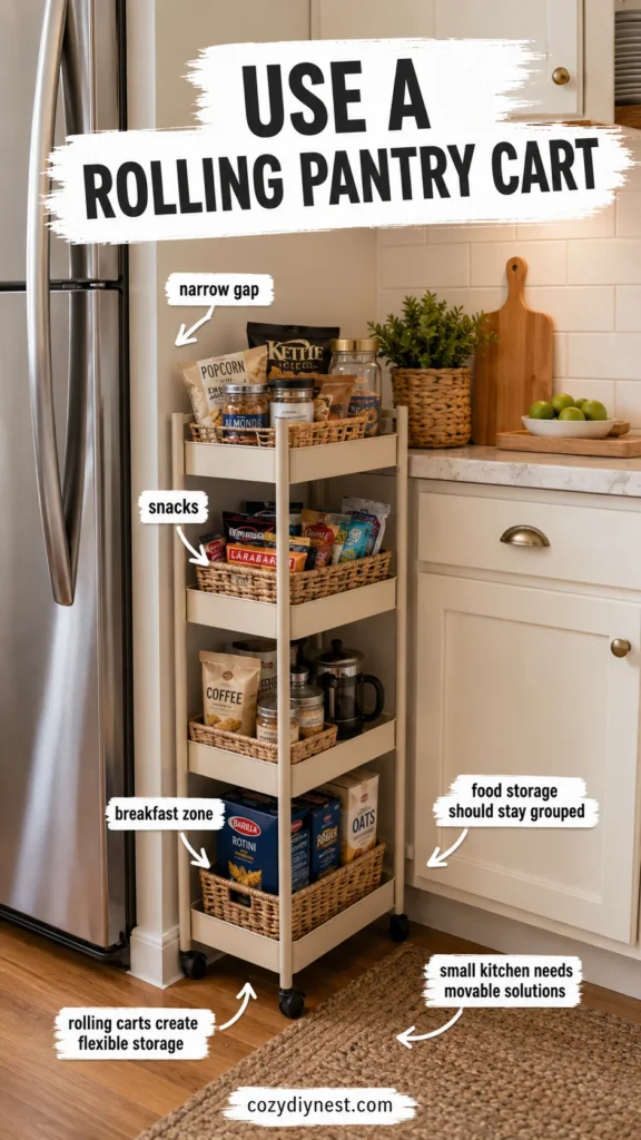 small kitchen no pantry ideas using a rolling cart or narrow gap cart for pantry overflow