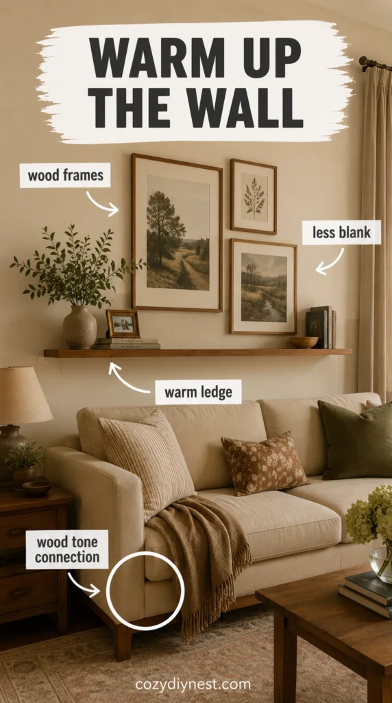 wood picture frames and warm wood ledge making a living room wall feel warmer
