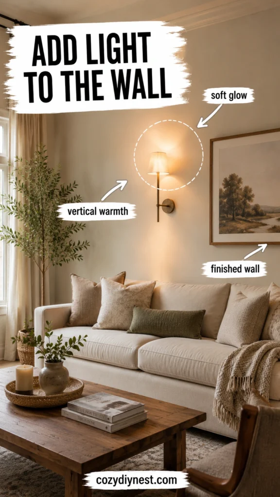 plug in wall sconces beside sofa adding warm glow and vertical warmth to a blank living room wall