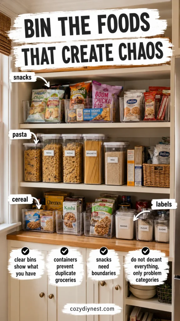 small kitchen no pantry ideas using clear bins labels and containers for snacks cereal pasta and cans