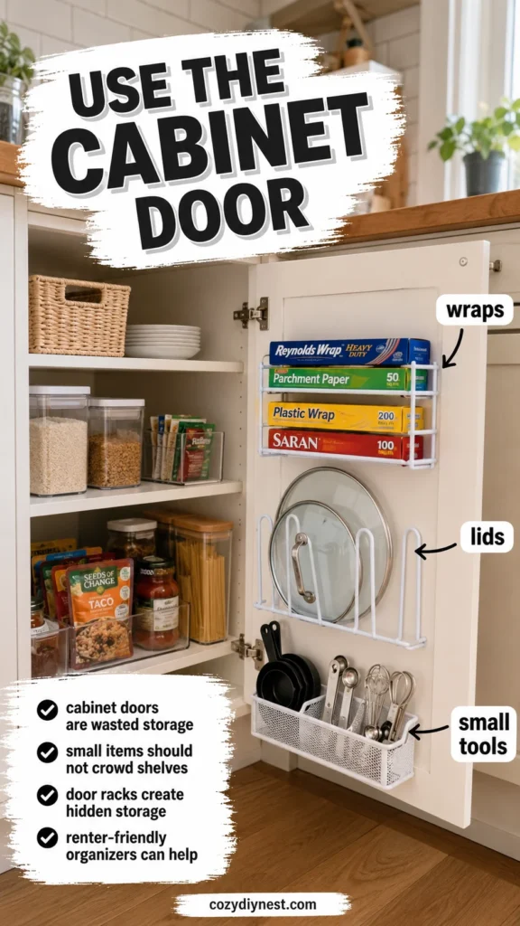 kitchen cabinet organization ideas using cabinet door racks for wraps lids small tools and packets
