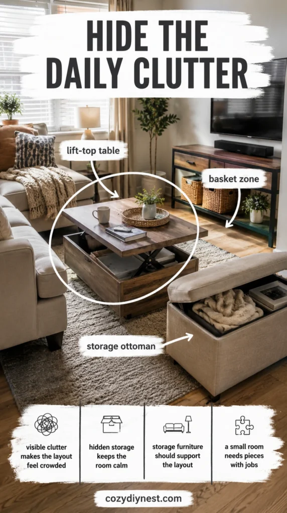 small living room hidden storage with lift top coffee table storage ottoman and baskets