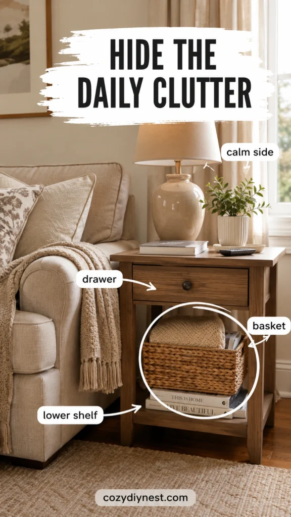 side table with drawer basket and lower shelf hiding daily clutter beside a sofa