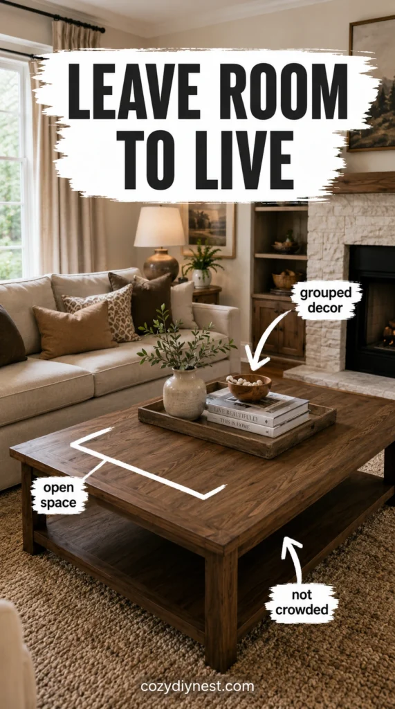 balanced coffee table decor with open space so the living room table stays usable